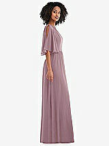 Side View Thumbnail - Dusty Rose One-Shoulder Bell Sleeve Chiffon Maxi Dress