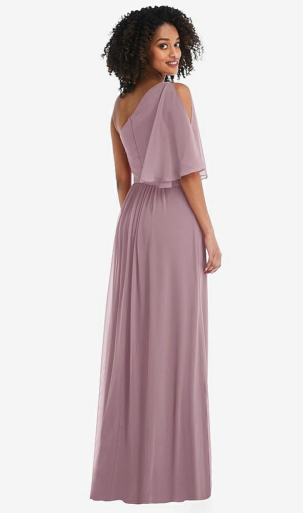 Back View - Dusty Rose One-Shoulder Bell Sleeve Chiffon Maxi Dress