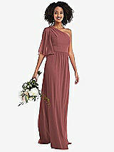 Alt View 1 Thumbnail - English Rose One-Shoulder Bell Sleeve Chiffon Maxi Dress