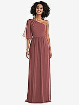 Front View Thumbnail - English Rose One-Shoulder Bell Sleeve Chiffon Maxi Dress