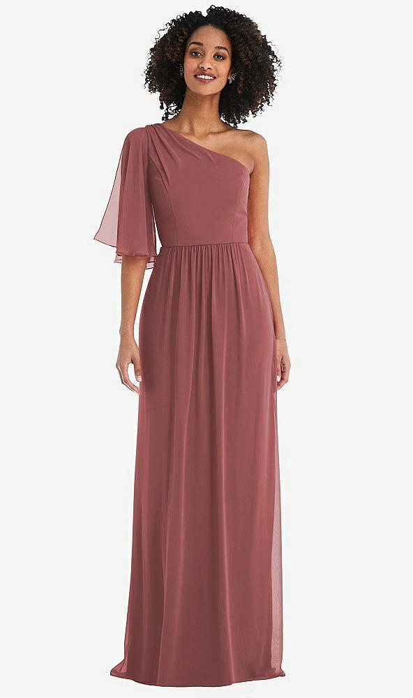 Front View - English Rose One-Shoulder Bell Sleeve Chiffon Maxi Dress