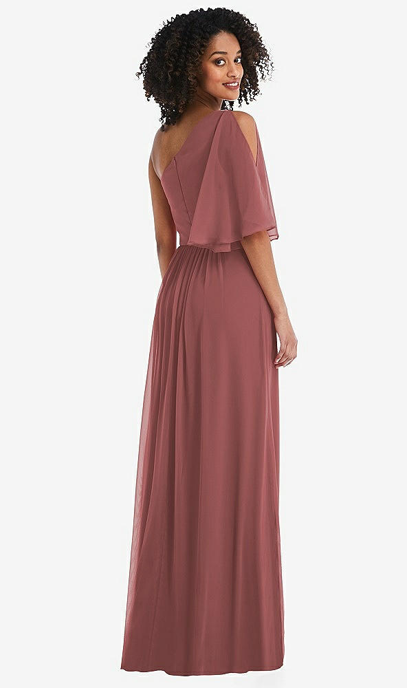 Back View - English Rose One-Shoulder Bell Sleeve Chiffon Maxi Dress