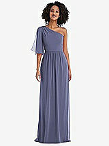 Front View Thumbnail - French Blue One-Shoulder Bell Sleeve Chiffon Maxi Dress