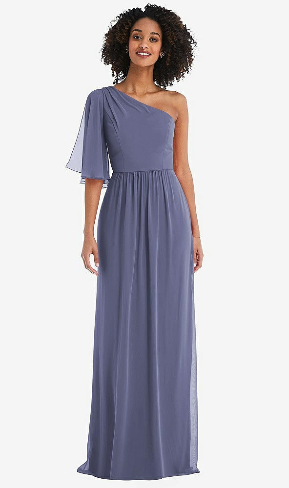 Front View - French Blue One-Shoulder Bell Sleeve Chiffon Maxi Dress