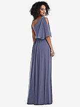 Rear View Thumbnail - French Blue One-Shoulder Bell Sleeve Chiffon Maxi Dress