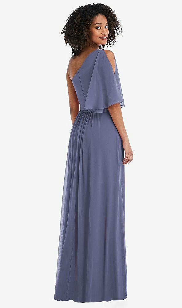 Back View - French Blue One-Shoulder Bell Sleeve Chiffon Maxi Dress