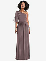 Front View Thumbnail - French Truffle One-Shoulder Bell Sleeve Chiffon Maxi Dress