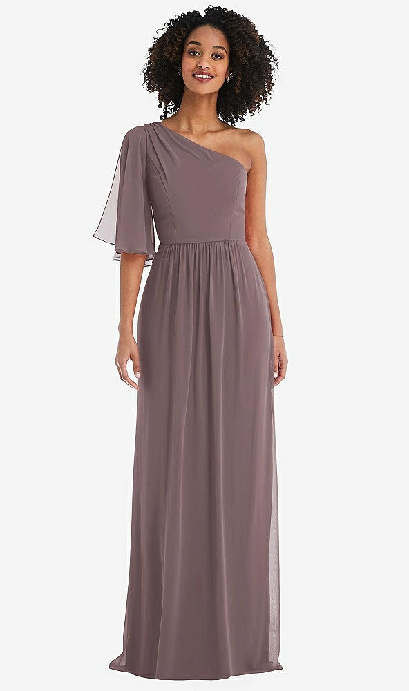 Front View - French Truffle One-Shoulder Bell Sleeve Chiffon Maxi Dress