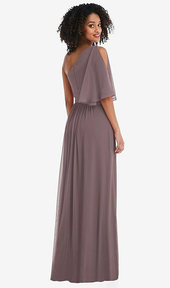 Back View - French Truffle One-Shoulder Bell Sleeve Chiffon Maxi Dress