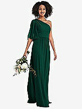 Alt View 1 Thumbnail - Hunter Green One-Shoulder Bell Sleeve Chiffon Maxi Dress