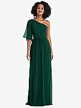 Front View Thumbnail - Hunter Green One-Shoulder Bell Sleeve Chiffon Maxi Dress