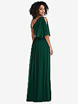 Rear View Thumbnail - Hunter Green One-Shoulder Bell Sleeve Chiffon Maxi Dress