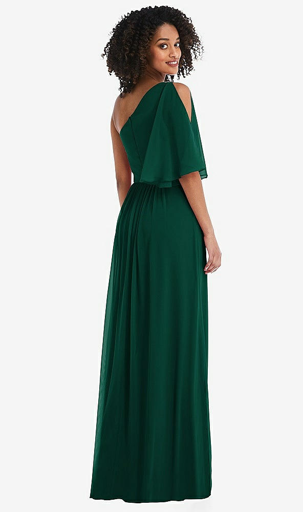 Back View - Hunter Green One-Shoulder Bell Sleeve Chiffon Maxi Dress