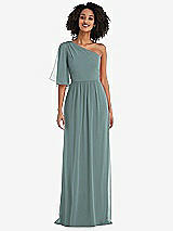Front View Thumbnail - Icelandic One-Shoulder Bell Sleeve Chiffon Maxi Dress