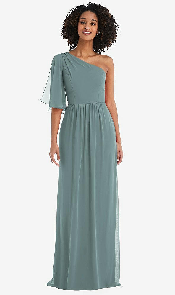 Front View - Icelandic One-Shoulder Bell Sleeve Chiffon Maxi Dress