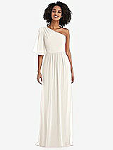 Front View Thumbnail - Ivory One-Shoulder Bell Sleeve Chiffon Maxi Dress