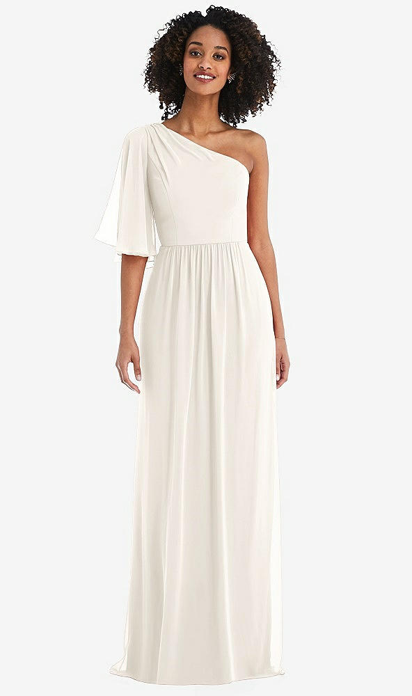 Front View - Ivory One-Shoulder Bell Sleeve Chiffon Maxi Dress
