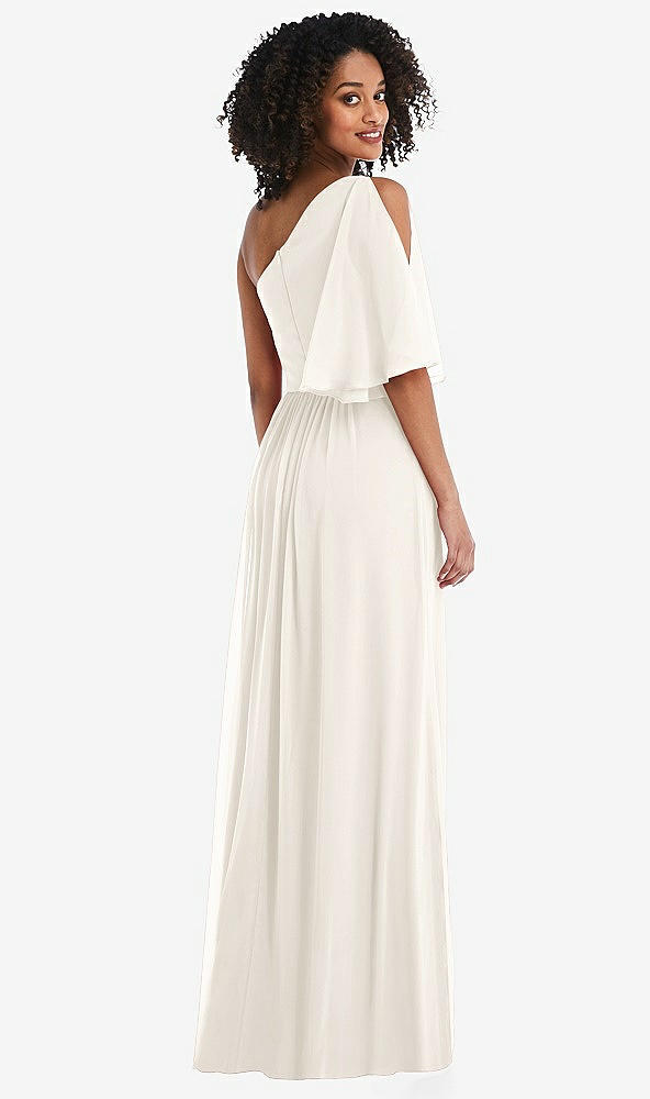 Back View - Ivory One-Shoulder Bell Sleeve Chiffon Maxi Dress