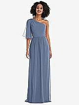 Front View Thumbnail - Larkspur Blue One-Shoulder Bell Sleeve Chiffon Maxi Dress