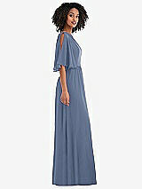 Side View Thumbnail - Larkspur Blue One-Shoulder Bell Sleeve Chiffon Maxi Dress