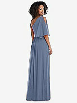 Rear View Thumbnail - Larkspur Blue One-Shoulder Bell Sleeve Chiffon Maxi Dress