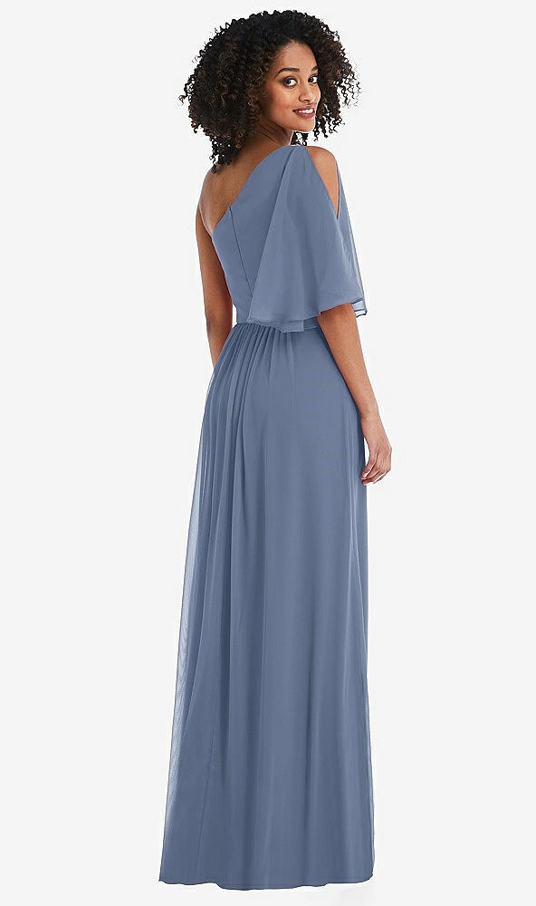 Back View - Larkspur Blue One-Shoulder Bell Sleeve Chiffon Maxi Dress