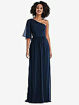 Front View Thumbnail - Midnight Navy One-Shoulder Bell Sleeve Chiffon Maxi Dress