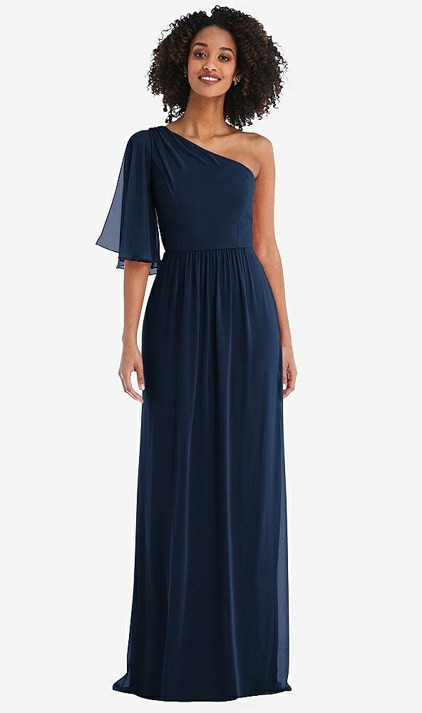 Front View - Midnight Navy One-Shoulder Bell Sleeve Chiffon Maxi Dress