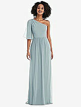 Front View Thumbnail - Morning Sky One-Shoulder Bell Sleeve Chiffon Maxi Dress
