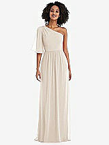 Front View Thumbnail - Oat One-Shoulder Bell Sleeve Chiffon Maxi Dress
