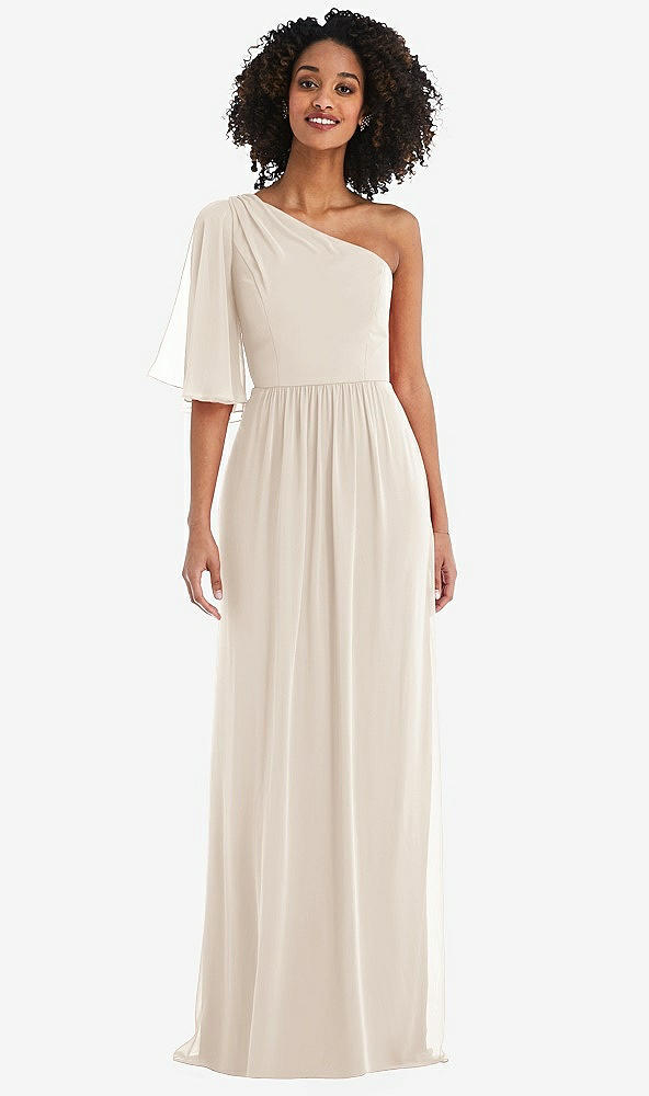 Front View - Oat One-Shoulder Bell Sleeve Chiffon Maxi Dress