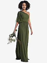Alt View 1 Thumbnail - Olive Green One-Shoulder Bell Sleeve Chiffon Maxi Dress