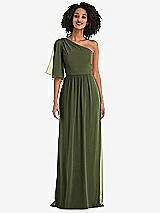 Front View Thumbnail - Olive Green One-Shoulder Bell Sleeve Chiffon Maxi Dress