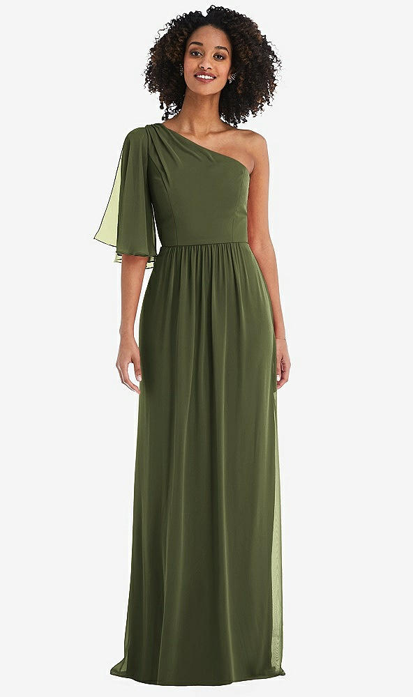 Front View - Olive Green One-Shoulder Bell Sleeve Chiffon Maxi Dress