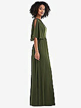 Side View Thumbnail - Olive Green One-Shoulder Bell Sleeve Chiffon Maxi Dress