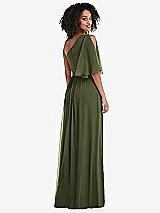 Rear View Thumbnail - Olive Green One-Shoulder Bell Sleeve Chiffon Maxi Dress