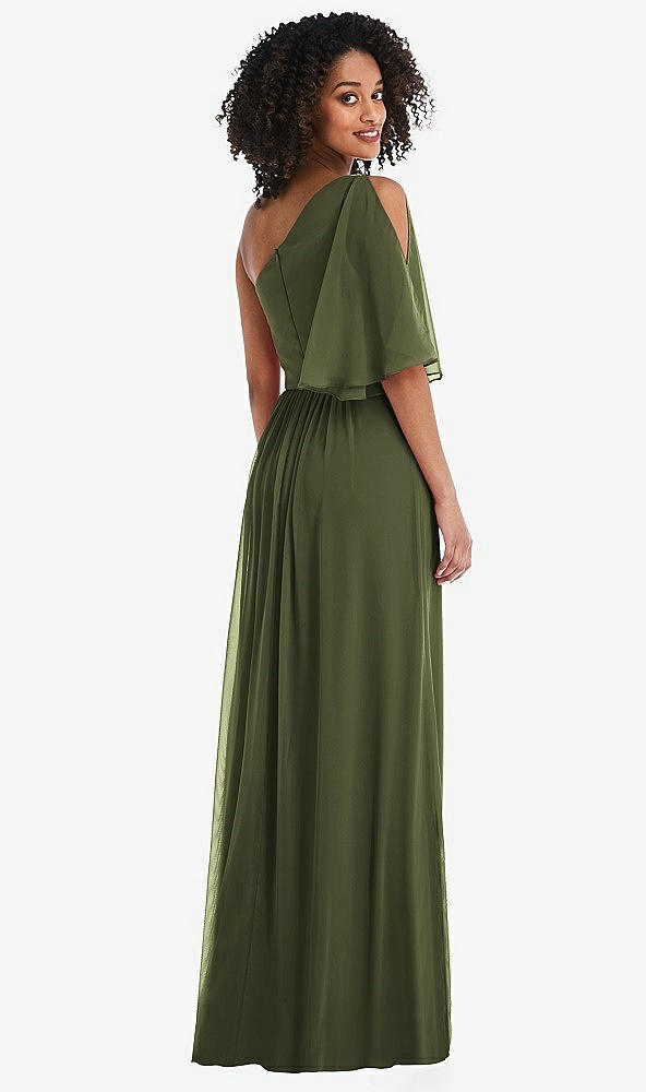 Back View - Olive Green One-Shoulder Bell Sleeve Chiffon Maxi Dress