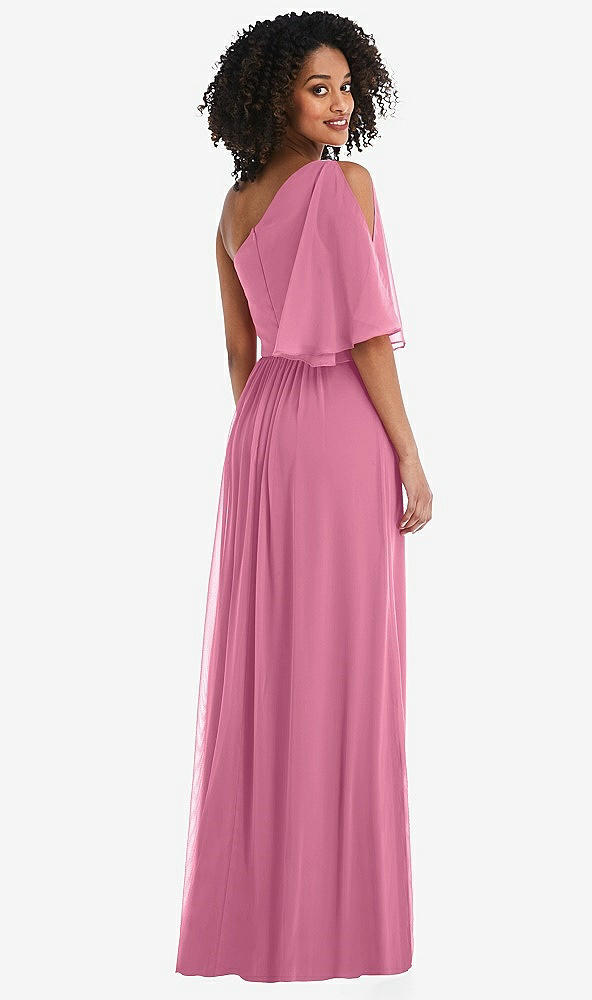 Back View - Orchid Pink One-Shoulder Bell Sleeve Chiffon Maxi Dress