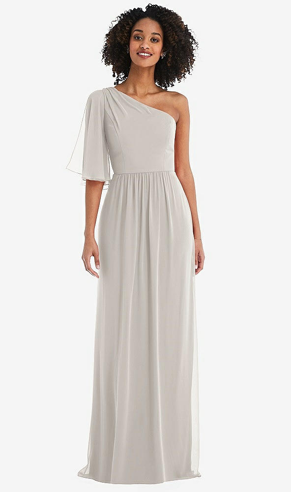 Front View - Oyster One-Shoulder Bell Sleeve Chiffon Maxi Dress