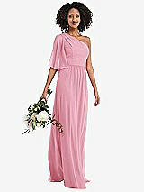 Alt View 1 Thumbnail - Peony Pink One-Shoulder Bell Sleeve Chiffon Maxi Dress