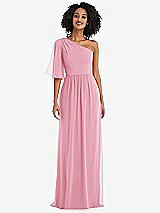 Front View Thumbnail - Peony Pink One-Shoulder Bell Sleeve Chiffon Maxi Dress