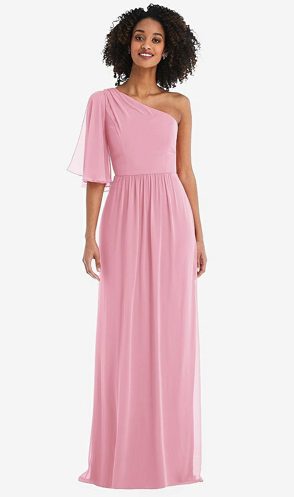 Front View - Peony Pink One-Shoulder Bell Sleeve Chiffon Maxi Dress