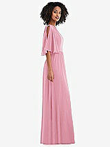 Side View Thumbnail - Peony Pink One-Shoulder Bell Sleeve Chiffon Maxi Dress