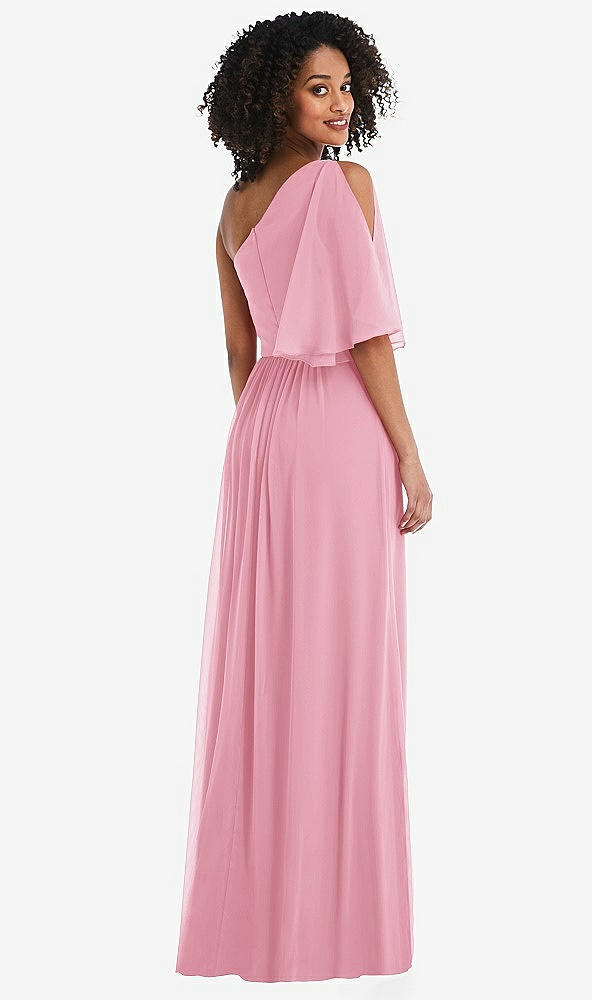 Back View - Peony Pink One-Shoulder Bell Sleeve Chiffon Maxi Dress