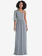 Front View Thumbnail - Platinum One-Shoulder Bell Sleeve Chiffon Maxi Dress