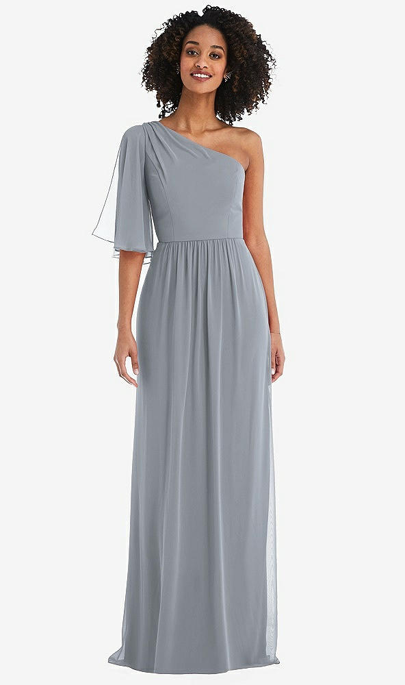 Front View - Platinum One-Shoulder Bell Sleeve Chiffon Maxi Dress