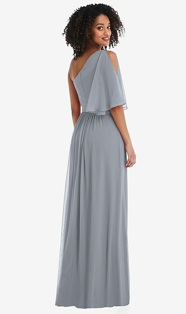 Back View - Platinum One-Shoulder Bell Sleeve Chiffon Maxi Dress