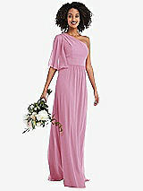 Alt View 1 Thumbnail - Powder Pink One-Shoulder Bell Sleeve Chiffon Maxi Dress
