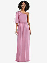 Front View Thumbnail - Powder Pink One-Shoulder Bell Sleeve Chiffon Maxi Dress