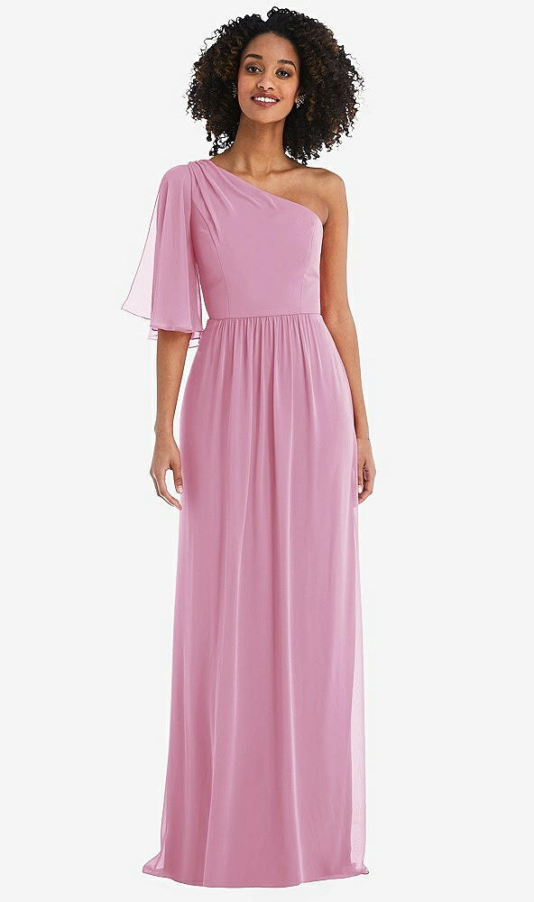 Front View - Powder Pink One-Shoulder Bell Sleeve Chiffon Maxi Dress